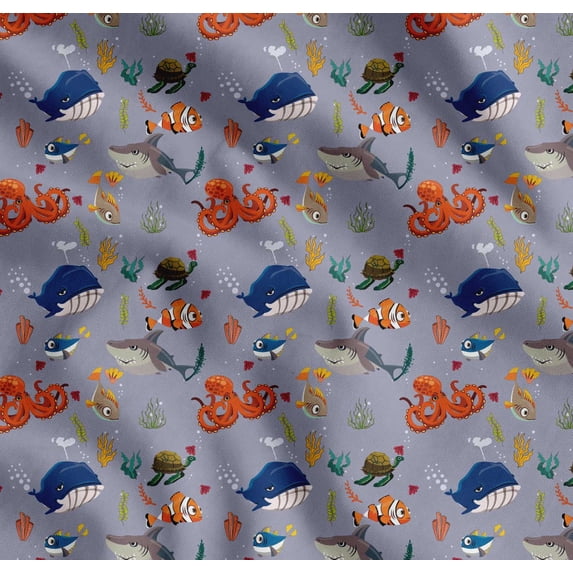 Soimoi Cotton Cambric Fabric Coral,Whale & Jellyfish Ocean Print Fabric by The Yard 42 Inch Wide