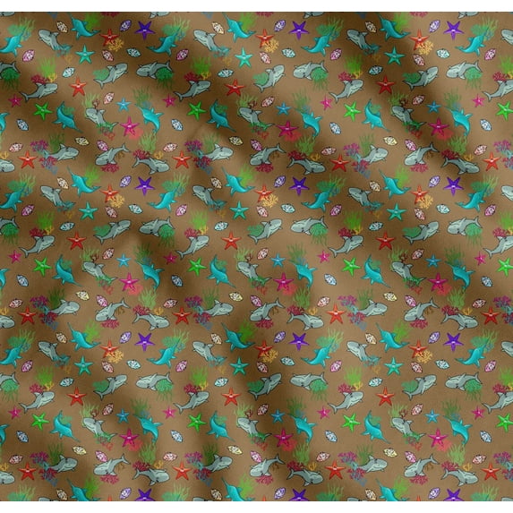 Soimoi Cotton Cambric Fabric Coral,Whale & Starfish Ocean Print Fabric by The Yard 56 Inch Wide