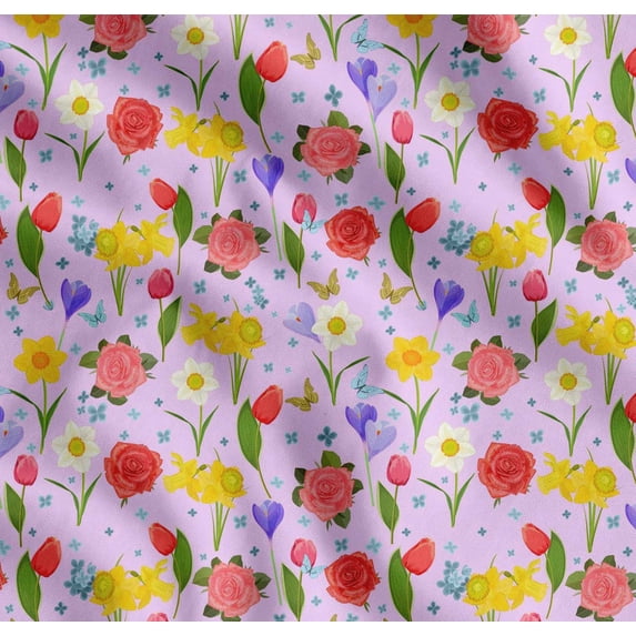 Soimoi Cotton Cambric Fabric Daffodil,Tulip & Rose Floral Print Fabric by Yard 56 Inch Wide