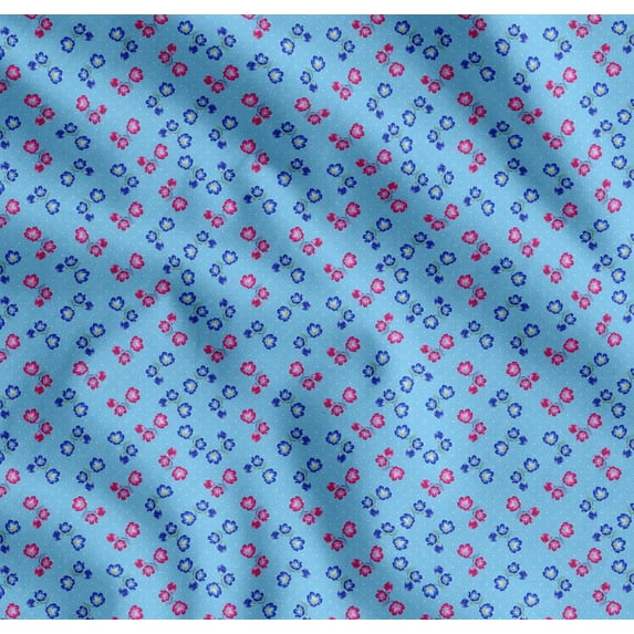 Soimoi Cotton Cambric Fabric Dot,Blue & Pink Flower Floral Print Fabric by the Yard 56 Inch Wide