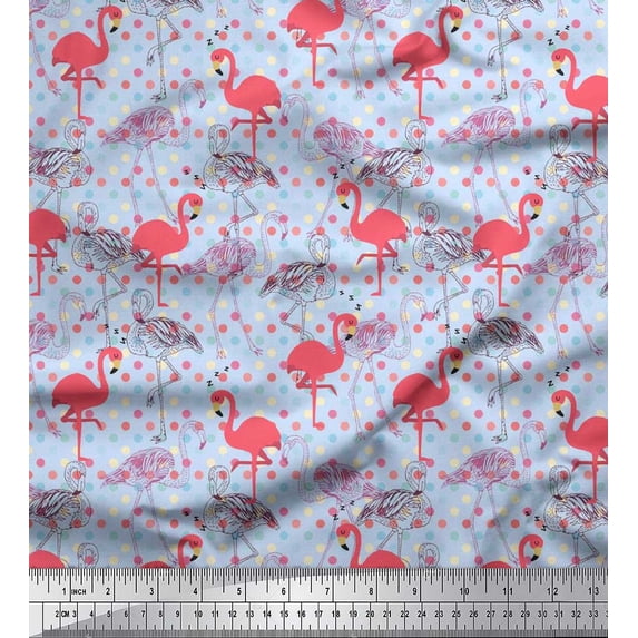 Soimoi Cotton Cambric Fabric Dots & Flamingo Bird Print Fabric by The Yard 56 Inch Wide