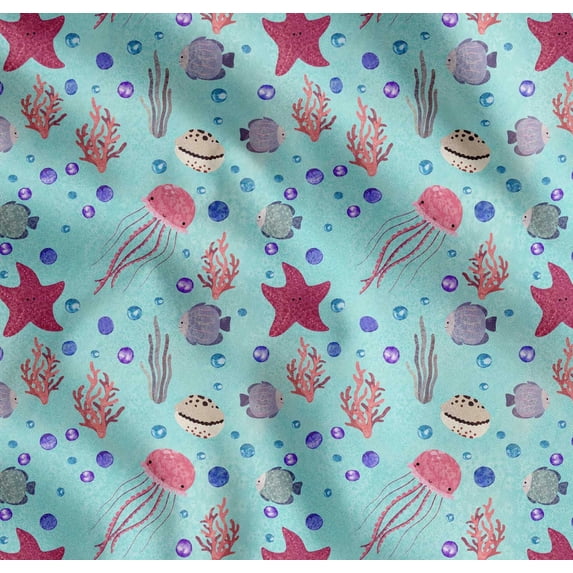 Soimoi Cotton Cambric Fabric Fish,Coral & Jellyfish Ocean Fabric Prints By Yard 56 Inch Wide