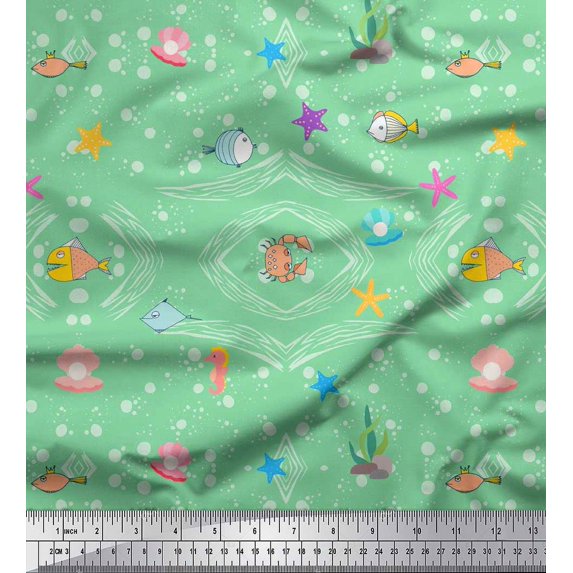 Soimoi Cotton Cambric Fabric Fish,Shell & Starfish Ocean Fabric Prints by Yard 56 Inch Wide