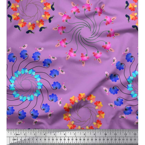 Soimoi Cotton Cambric Fabric Floral & Birds Clip Art Decor Fabric Printed Yard 42 Inch Wide