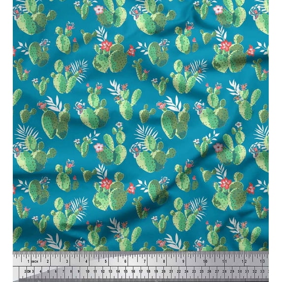 Soimoi Cotton Cambric Fabric Floral & Cactus Tree Printed Fabric 1 Yard 42 Inch Wide