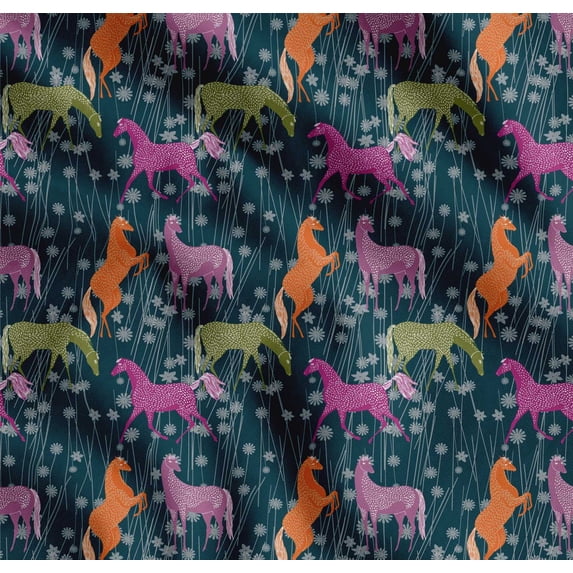 Soimoi Cotton Cambric Fabric Floral & Horse Animal Decor Fabric Printed Yard 42 Inch Wide