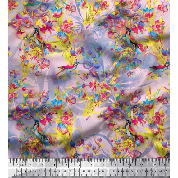 Soimoi Cotton Cambric Fabric Floral & Humming Bird Printed Craft Fabric by The Yard 42 Inch Wide