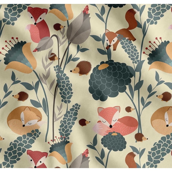 Soimoi Cotton Cambric Fabric Floral,Porcupine & Fox Cartoon Print Sewing Fabric Yard 56 Inch Wide