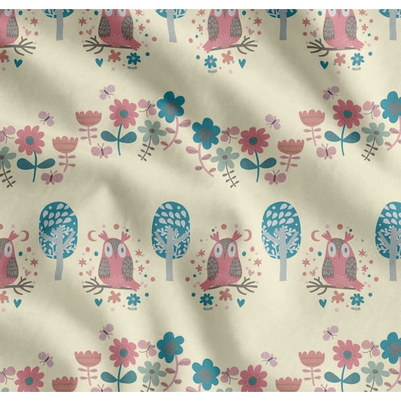 Soimoi Cotton Cambric Fabric Floral,Tree & Owl Kids Print Sewing Fabric Yard 42 Inch Wide