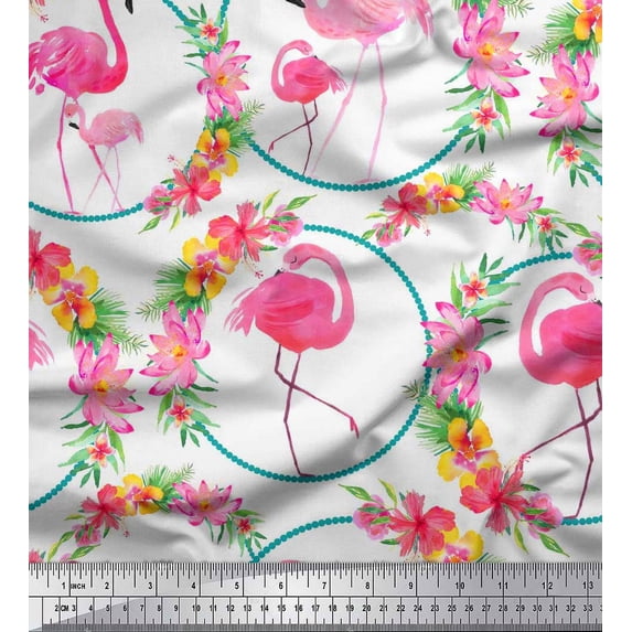 Soimoi Cotton Cambric Fabric Floral Wreath & Flamingo Bird Print Sewing Fabric Yard 42 Inch Wide