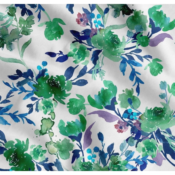 Soimoi Cotton Cambric Fabric Flower & Leaves Watercolor Printed Fabric 1 Yard 42 Inch Wide