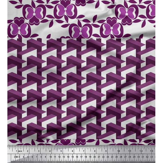 Soimoi Cotton Cambric Fabric Geometric Cube,Leaves & Floral Artistic Printed Craft Fabric by the Yard 56 Inch Wide