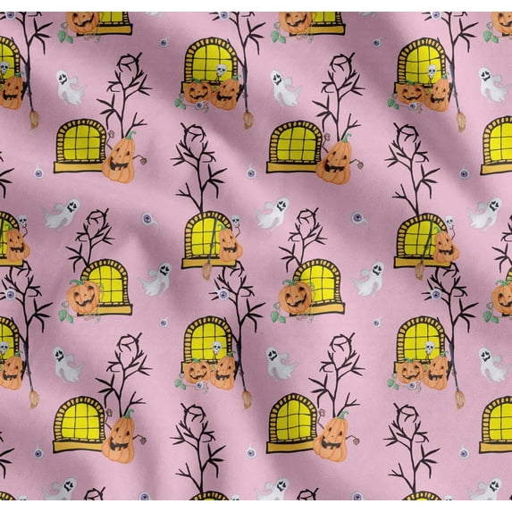 Soimoi Cotton Cambric Fabric Haunted House,Pumpkin & Ghost Halloween Printed Fabric 1 Yard 56 Inch Wide