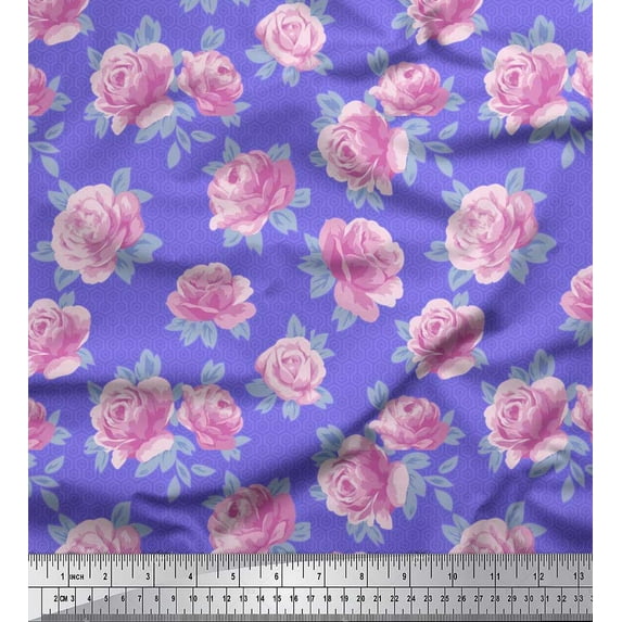 Soimoi Cotton Cambric Fabric Honeycomb Design,Leaves & Rose Floral Print Fabric by the Yard 56 Inch Wide