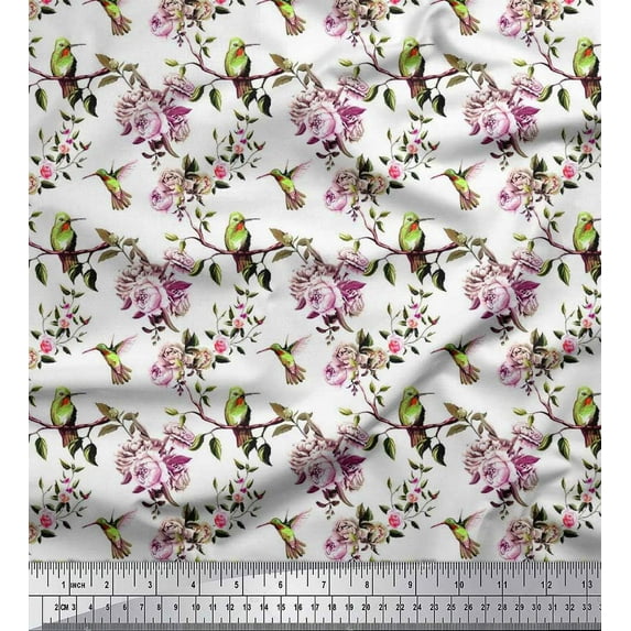 Soimoi Cotton Cambric Fabric Hummingbird,Leaves & Rose Floral Decor Fabric Printed Yard 42 Inch Wide