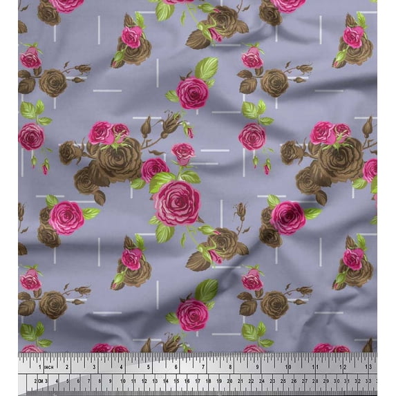 Soimoi Cotton Cambric Fabric Leaves & Austin Rose Floral Print Fabric by the Yard 42 Inch Wide