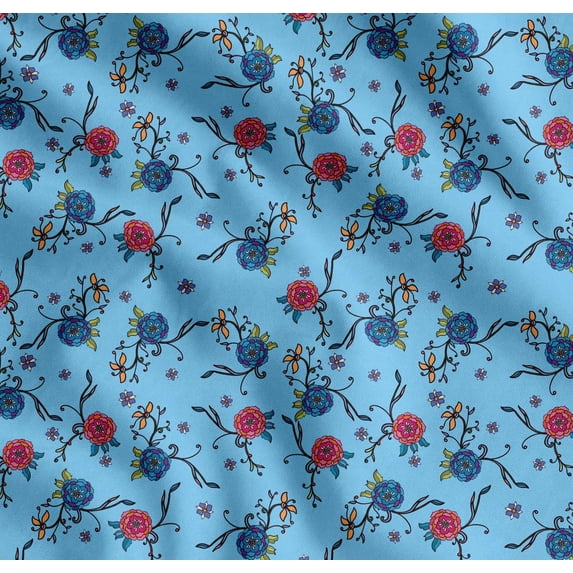 Soimoi Cotton Cambric Fabric Leaves & Camellias Floral Print Sewing Fabric Yard 56 Inch Wide