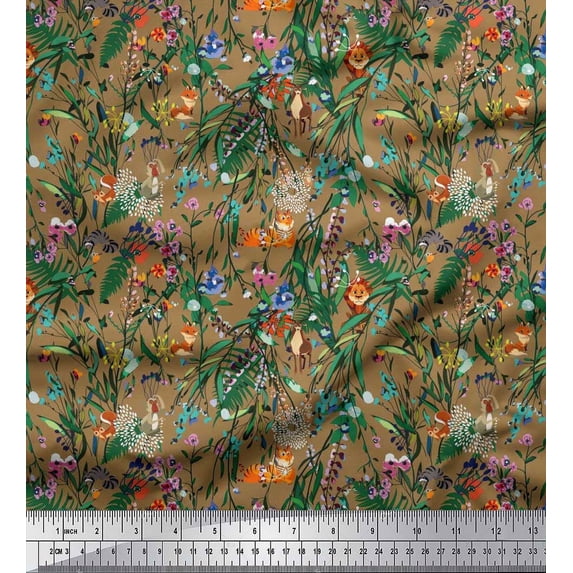 Soimoi Cotton Cambric Fabric Leaves & Cartoon Animals Jungle Printed Craft Fabric by The Yard 42 Inch Wide