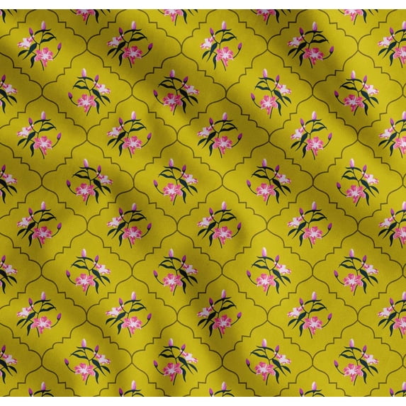 Soimoi Cotton Cambric Fabric Leaves,Floral & Quatrefoil Damask Print Fabric by the Yard 56 Inch Wide