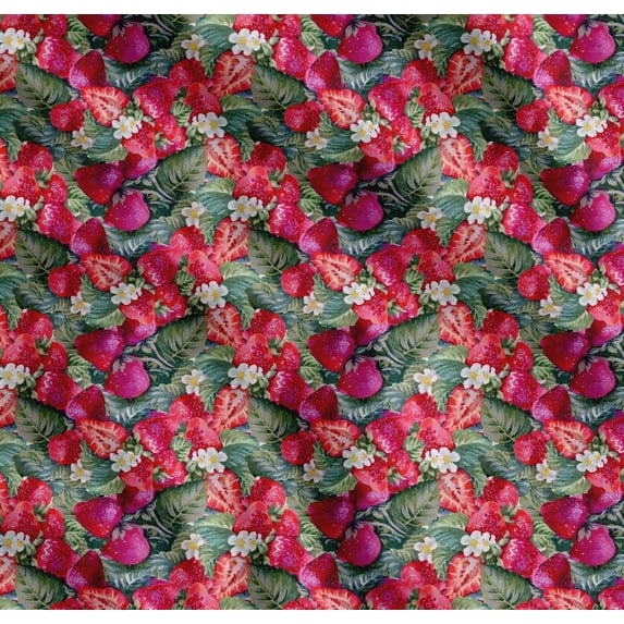 Soimoi Cotton Cambric Fabric Leaves,Floral & Strawberry Fruits Print Fabric by The Yard 56 Inch Wide