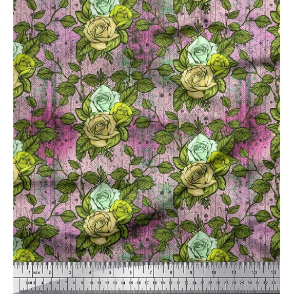 Soimoi Cotton Cambric Fabric Leaves & Grandiflora Roses Floral Fabric Prints By Yard 56 Inch Wide