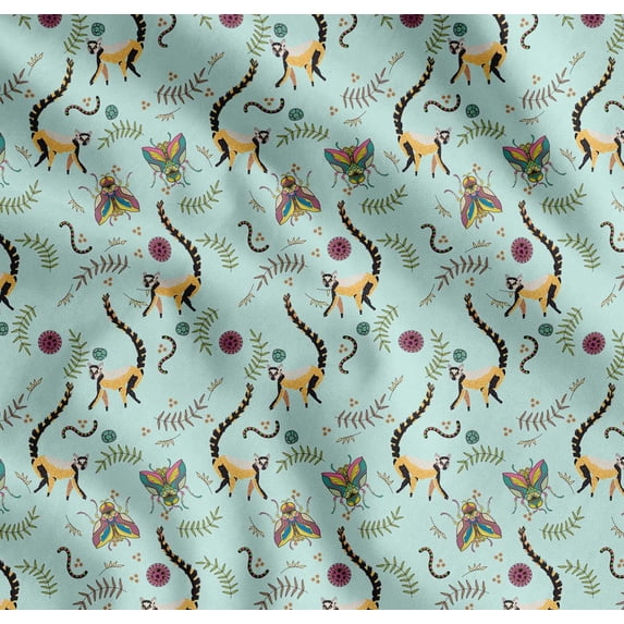 Soimoi Cotton Cambric Fabric Leaves,Housefly & Lemur Animal Decor Fabric Printed Yard 42 Inch Wide