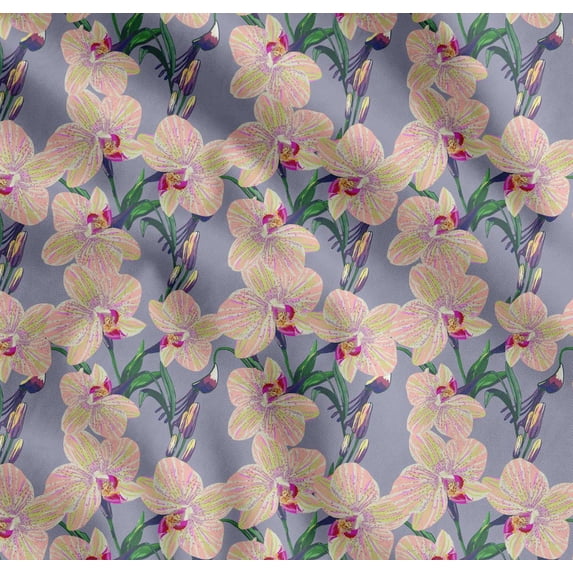 Soimoi Cotton Cambric Fabric Leaves & Orchids Floral Decor Fabric Printed Yard 56 Inch Wide