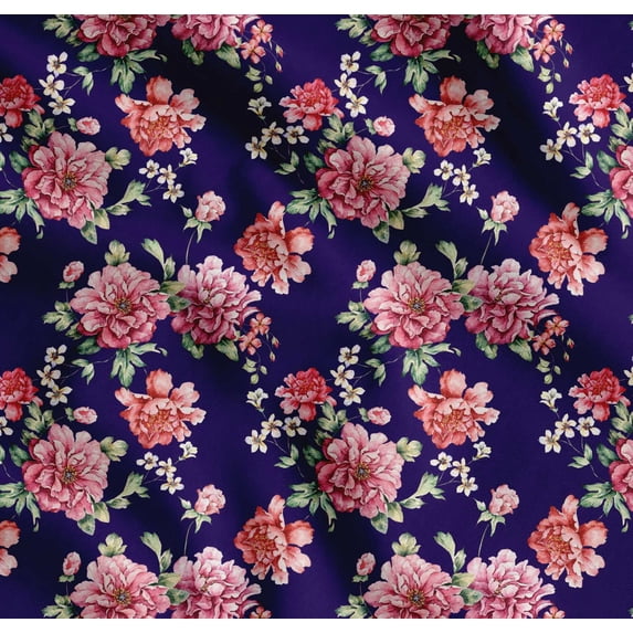 Soimoi Cotton Cambric Fabric Leaves & Peony Floral Printed Fabric 1 Yard 42 Inch Wide