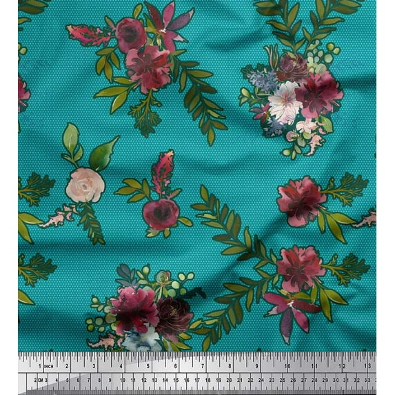 Soimoi Cotton Cambric Fabric Leaves & Ranunculus Floral Decor Fabric Printed Yard 56 Inch Wide