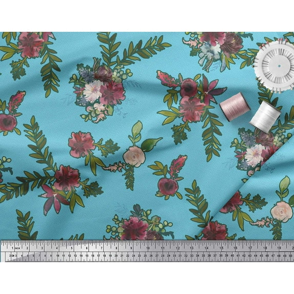 Soimoi Cotton Cambric Fabric Leaves & Ranunculus Floral Print Fabric by the Yard 56 Inch Wide