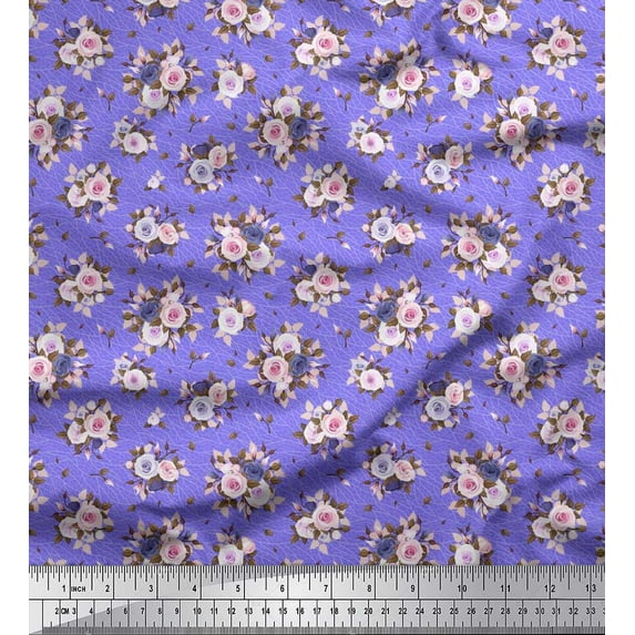 Soimoi Cotton Cambric Fabric Leaves & Rose Floral Print Fabric by the Yard 42 Inch Wide