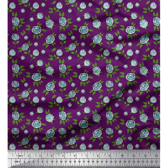 Soimoi Cotton Cambric Fabric Leaves & Rose Floral Print Fabric by the Yard 56 Inch Wide