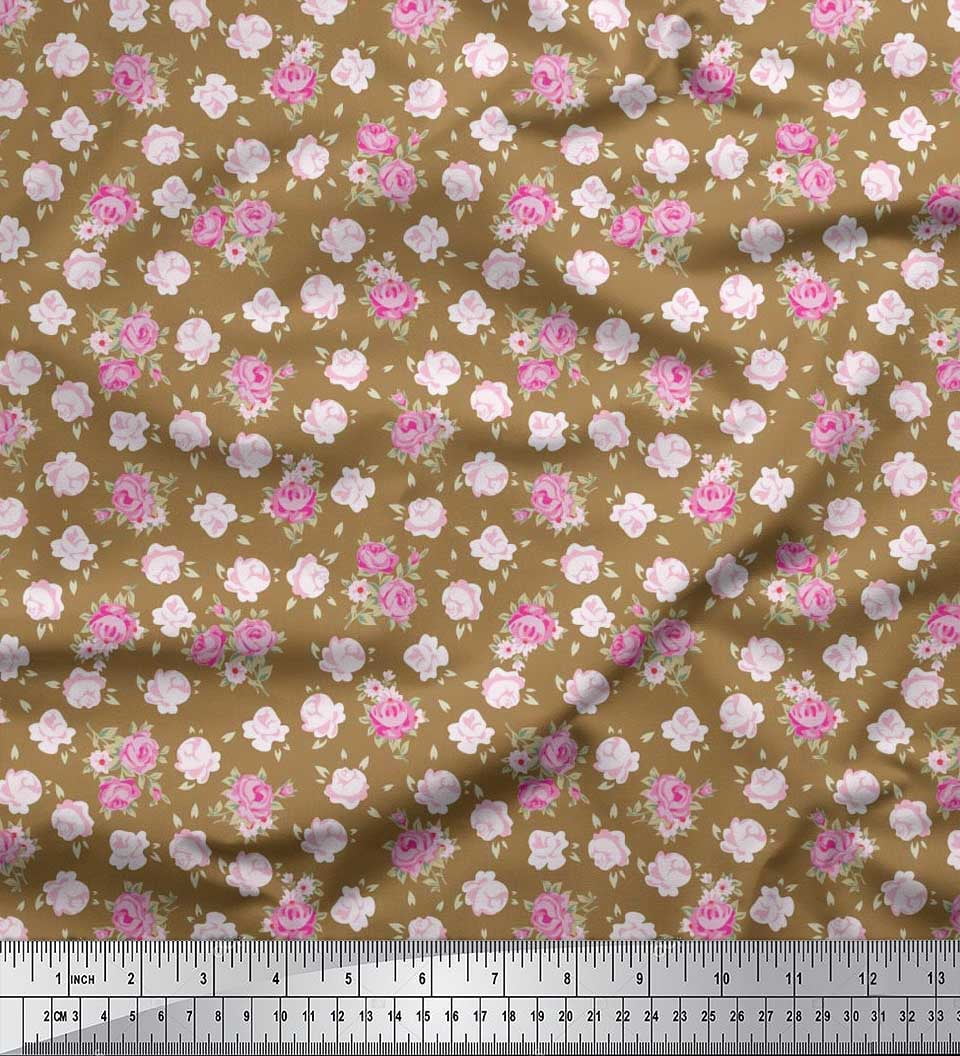 Soimoi Cotton Cambric Fabric Leaves & Rose Floral Print Sewing