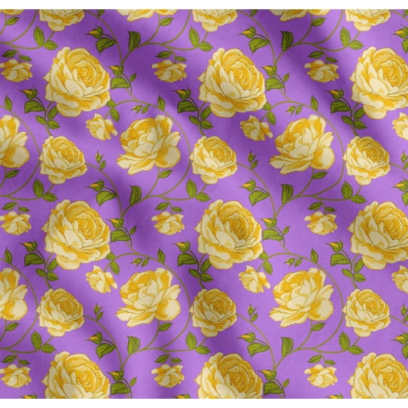 Soimoi Cotton Cambric Fabric Leaves & Rose Floral Printed Fabric 1 Yard 42 Inch Wide