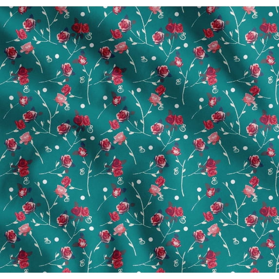 Soimoi Cotton Cambric Fabric Leaves, & Rose Floral Printed Fabric 1 Yard 42 Inch Wide