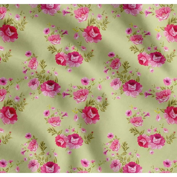 Soimoi Cotton Cambric Fabric Leaves,Rose & Peony Floral Printed Fabric 1 Yard 42 Inch Wide