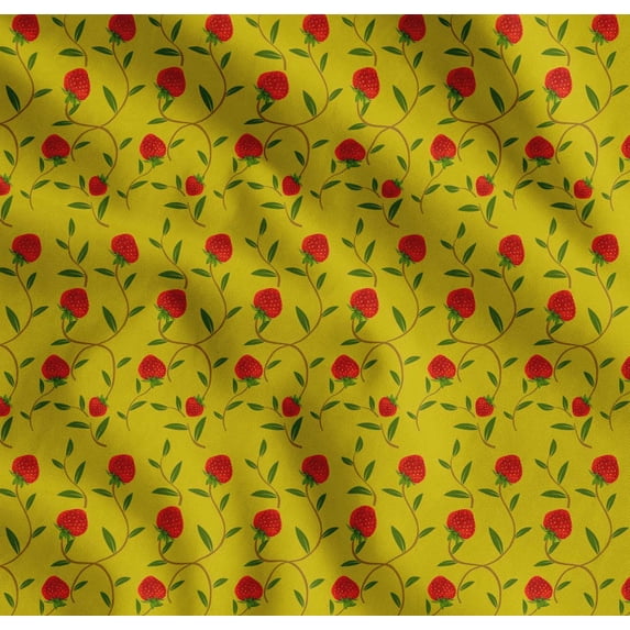 Soimoi Cotton Cambric Fabric Leaves & Strawberry Fruits Print Fabric by the Yard 56 Inch Wide