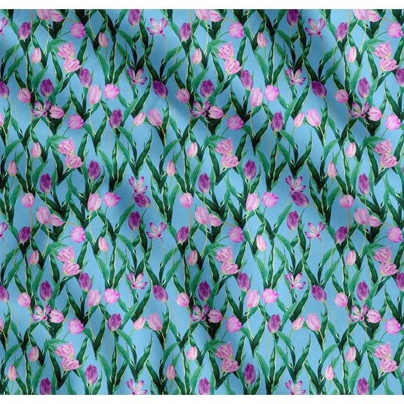 Soimoi Cotton Cambric Fabric Leaves & Tulip Floral Printed Craft Fabric by The Yard 42 Inch Wide