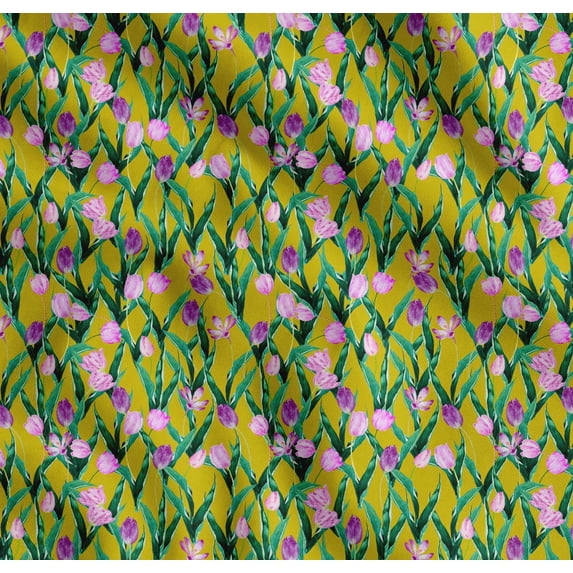 Soimoi Cotton Cambric Fabric Leaves & Tulip Floral Printed Fabric 1 Yard 42 Inch Wide