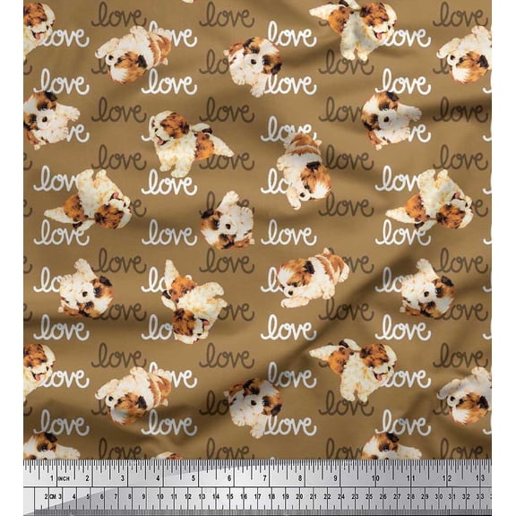 Soimoi Cotton Cambric Fabric Love Text & Puppies Dog Printed Fabric 1 Yard 42 Inch Wide