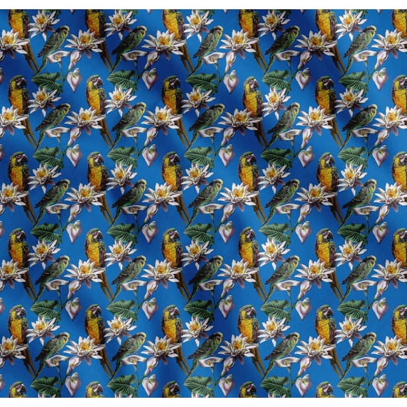 Soimoi Cotton Cambric Fabric Macaw Parrot,Leaves & Waterlily Floral Decor Fabric Printed Yard 56 Inch Wide