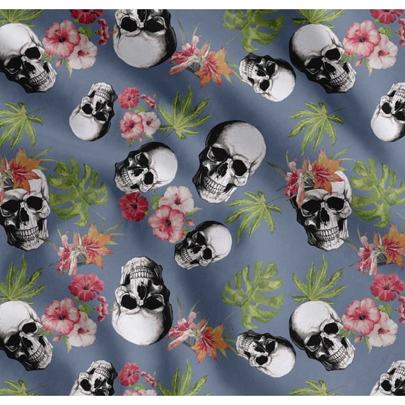 Soimoi Cotton Cambric Fabric Monstera Leaves,Floral & Horror Skull Halloween Printed Craft Fabric by The Yard 42 Inch Wide