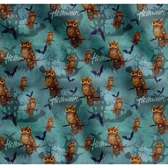 Soimoi Cotton Cambric Fabric Owl,Bat & Haunted House Halloween Fabric Prints By Yard 56 Inch Wide
