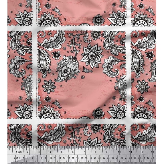 Soimoi Cotton Cambric Fabric Paisley & Black Sketch Flower Printed Fabric 1 Yard 56 Inch Wide