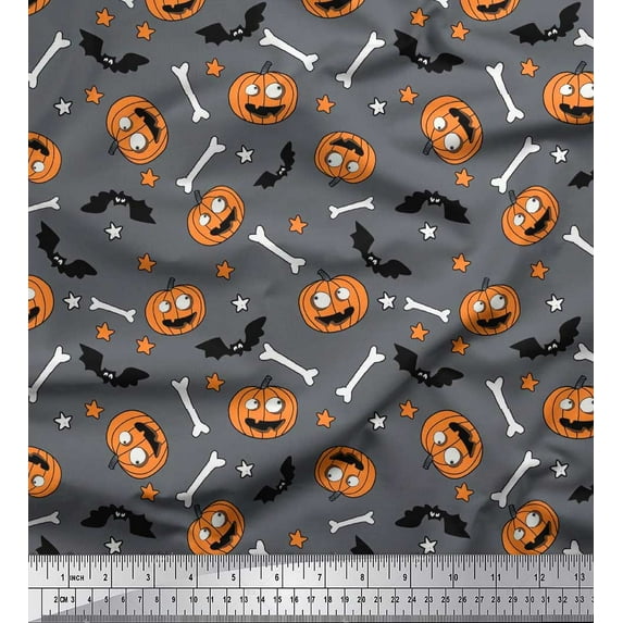 Soimoi Cotton Cambric Fabric Pumpkin,Bone & Bat Halloween Printed Craft Fabric by The Yard 42 Inch Wide