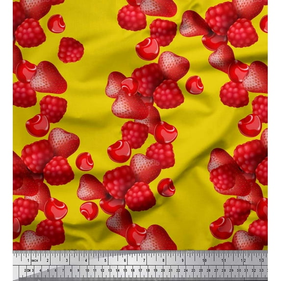 Soimoi Cotton Cambric Fabric Raspberry,Strawberry & Cherry Fruits Decor Fabric Printed Yard 56 Inch Wide