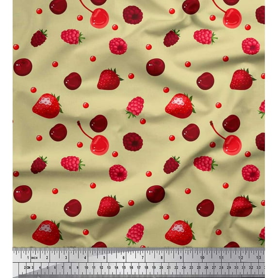 Soimoi Cotton Cambric Fabric Raspberry,Strawberry & Cherry Fruits Print Fabric by The Yard 56 Inch Wide