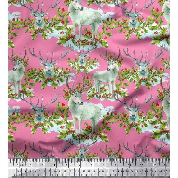 Soimoi Cotton Cambric Fabric Red Berries,Holly Leaves & Reindeer Animal Printed Fabric 1 Yard 42 Inch Wide
