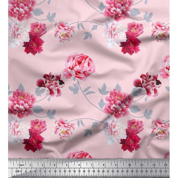 Soimoi Cotton Cambric Fabric Roses & Leaves Floral Printed Fabric 1 Yard 56 Inch Wide