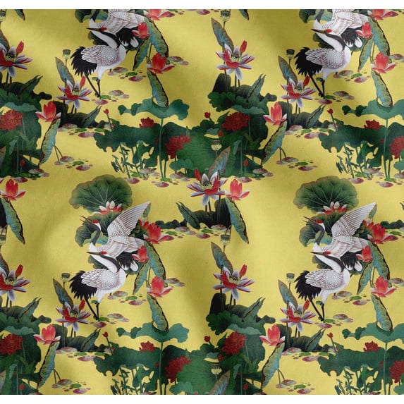 Soimoi Cotton Cambric Fabric Sandhill Crane,Leaves & Lotus Floral Print Fabric by Yard 42 Inch Wide